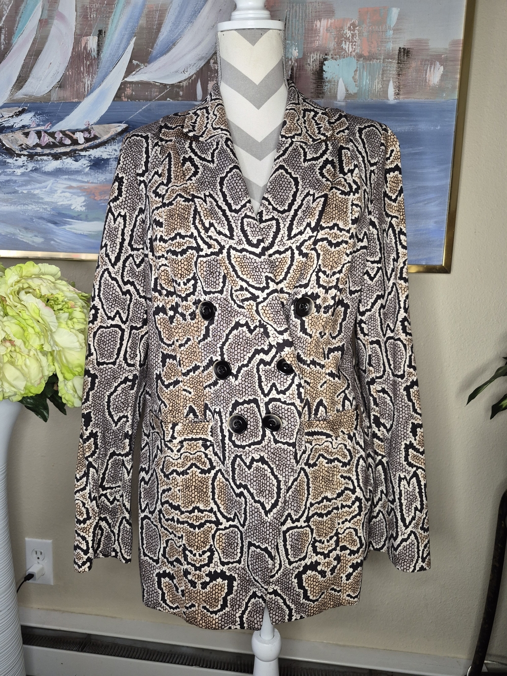 CAbi Snake-Print Double-Breasted Blazer in Tan, Black & White